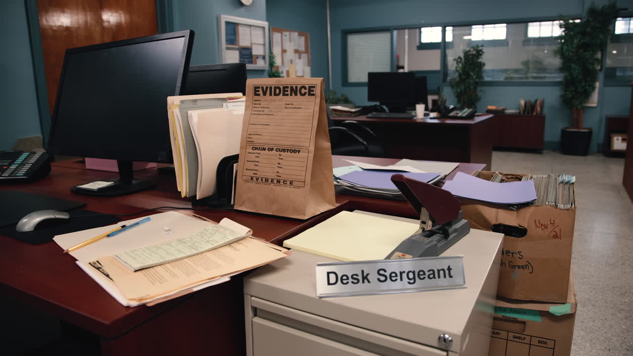 Evidence and paperwork on a police precinct desk no people