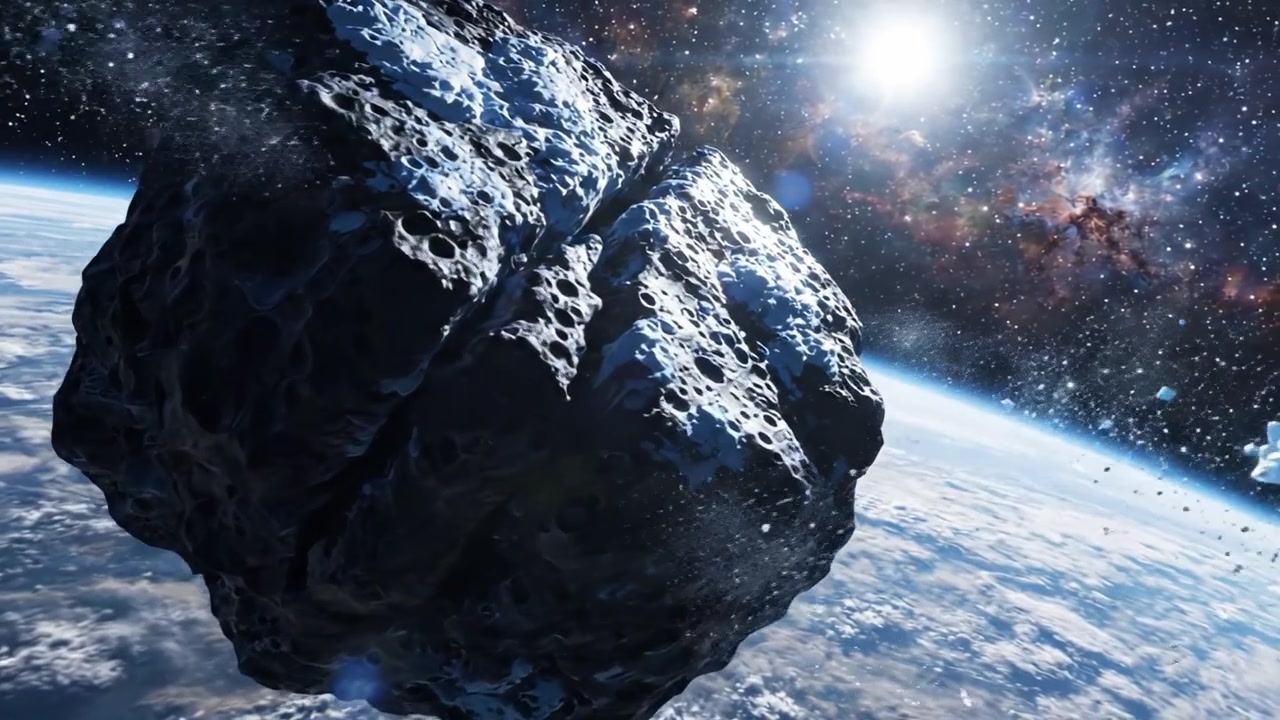 Drammatico Incontro Cosmico: Un Asteroide in Orbita Attorno alla Terra con Dettagli Mozzafiato Tra i Colori Vividi dello Spazio e la Luminosità del Sole