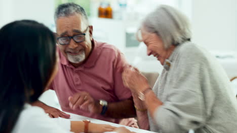 Happy,-results-and-senior-couple-talking