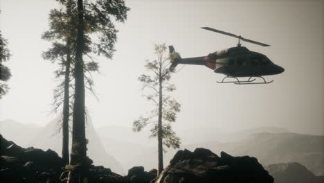 helicóptero volando en cámara lenta extrema cerca del bosque de montaña