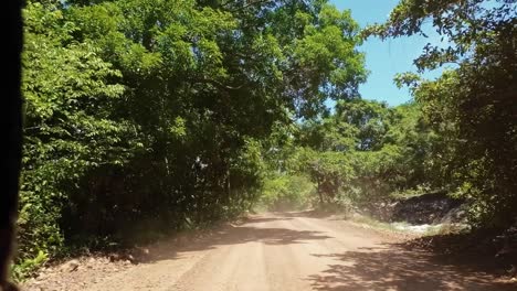 Slow-motion-shot-moving-down-a-winding-small-dirt-road-surrounded-by-tropical-trees-in-the-small-town-of-Canguaretama-near-Tibau-do-Sul-and-Natal-in-Rio-Grande-do-Norte,-Brazil-on-a-summer-day