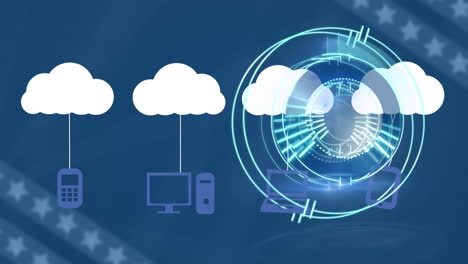 animación del alcance sobre nubes digitales con dispositivos electrónicos sobre fondo azul