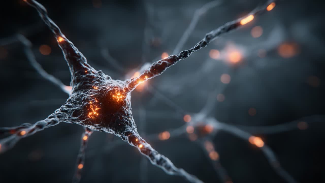 Stunning Close-Up View of a Neuron with Glowing Synaptic Connections, Illustrating the Complexity of Neural Networks and Bioelectrical Signals in a Dark Environment
