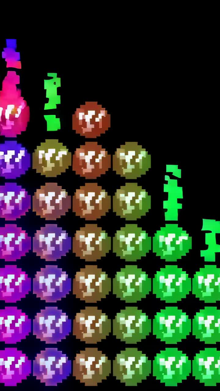 Vertical video: Playing, pixel tiles shifting height or hue on black, forming rhythm: green or blue