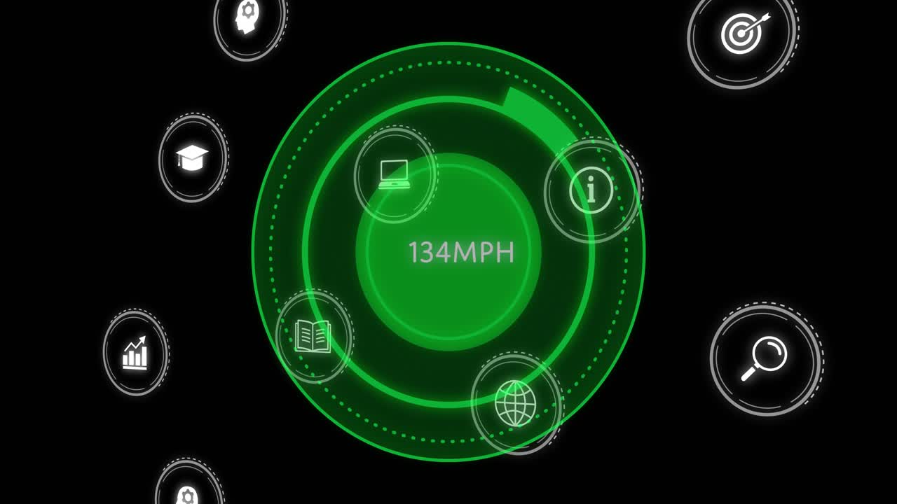 Animation of digital icons and data processing over speedometer on black background