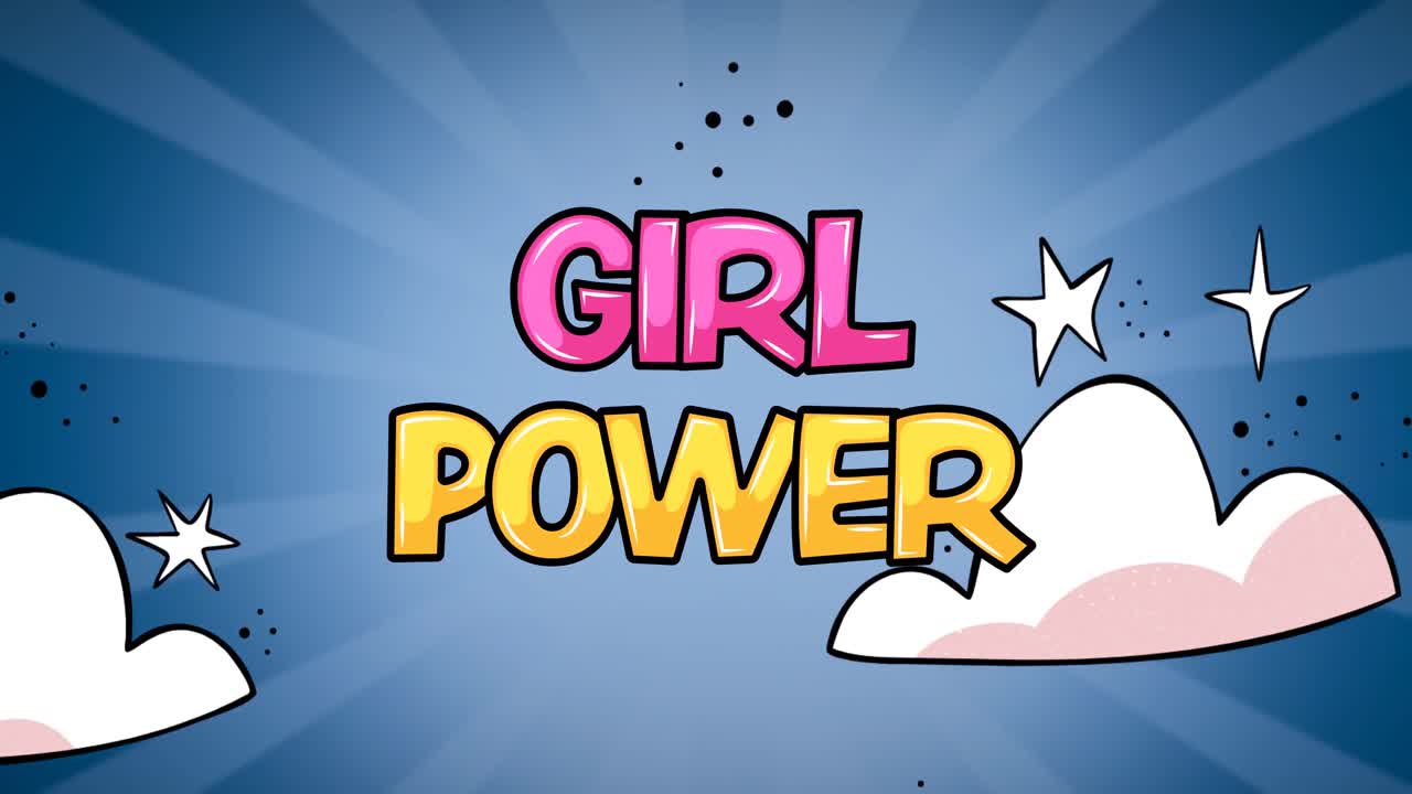 Animação do texto poder feminino, sobre um céu noturno.