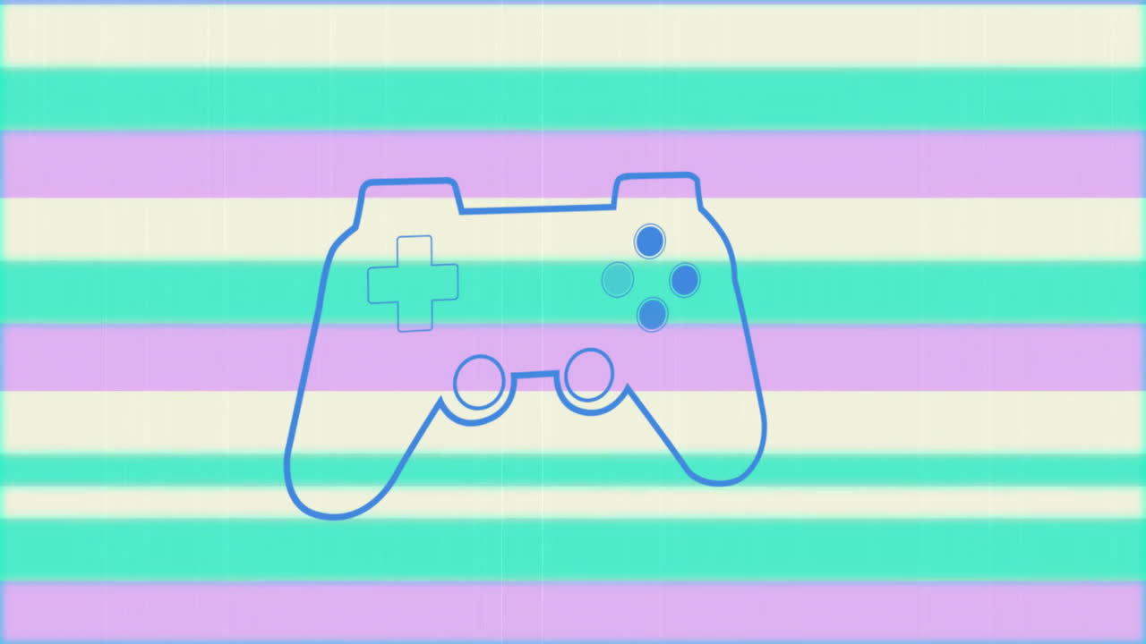 Showing stylized game controller outline floating atop pastel stripes in minimalist flat design