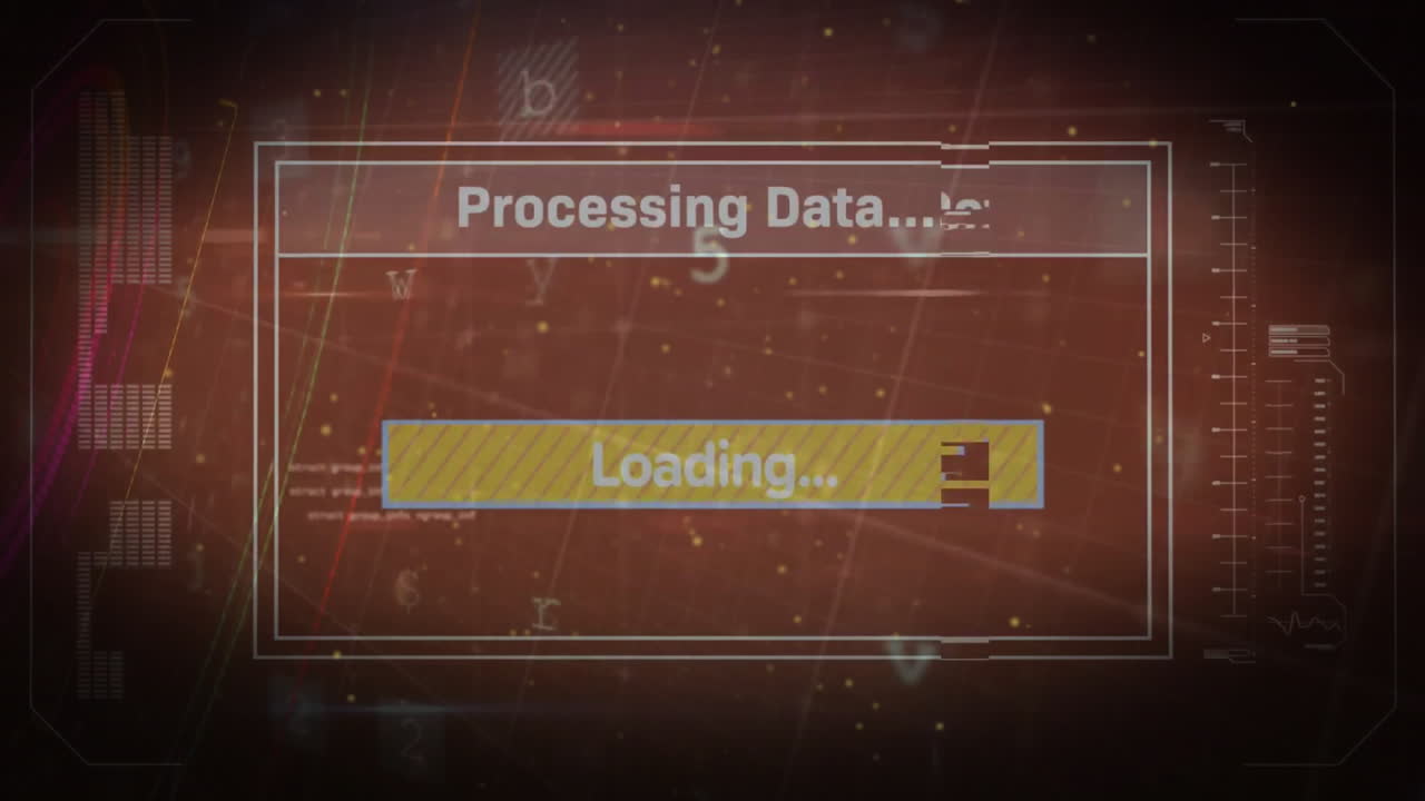 Animation of network of connections, text and data processing over dark background