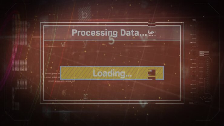 Animation of network of connections, text and data processing over dark background