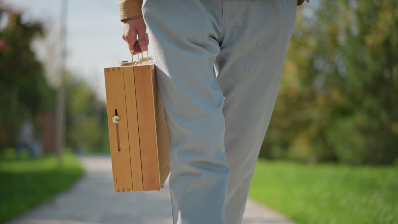Corriere bianco che percorre un sentiero suburbano tenendo una cassa di legno ventilata per aree di lavoro, primo piano della mano e della presa, pantaloni a righe, passo svelto, luce diurna intensa, verde ai bordi della strada, scena di consegna in galleria