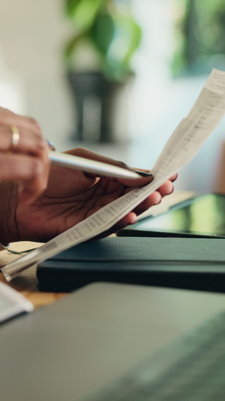 Close Up of Hands Reviewing a Long Financial Receipt