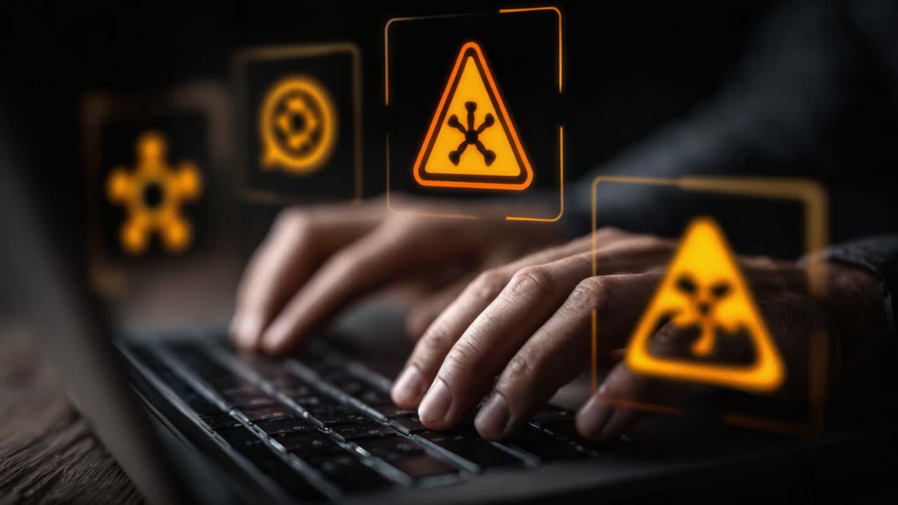 En cybersikkerhedsekspert analyserer potentielle trusler på en bærbar computer og fortolker farlige advarselsikoner, der repræsenterer digitale risici og farer i onlineverdenen