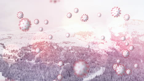 animation of covid 19 cells floating over winter scenery in background