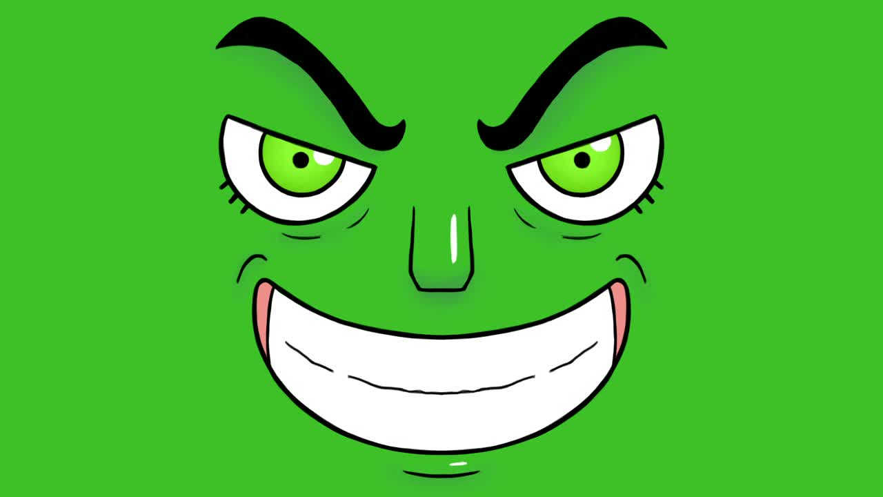 animación dibujada a mano de una cara que muestra una sonrisa sinistra, aislada sobre un fondo verde