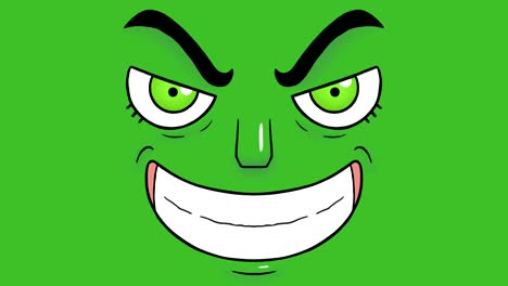 hand drawn animation of a face showing sinister smile, isolated on green background