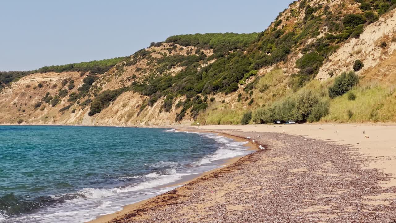 Cinematic sea and ocean waves glide across the sand