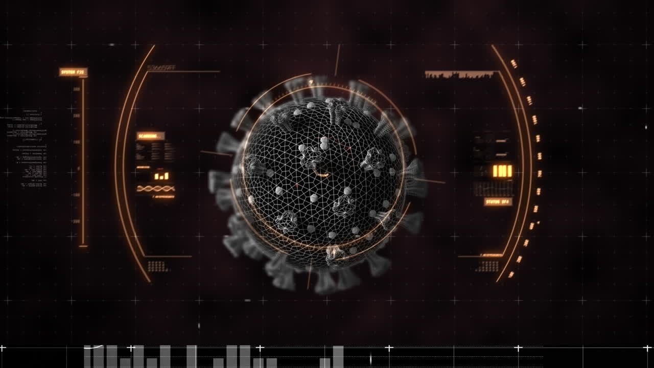 Animation of virus cell over screen with scientific data
