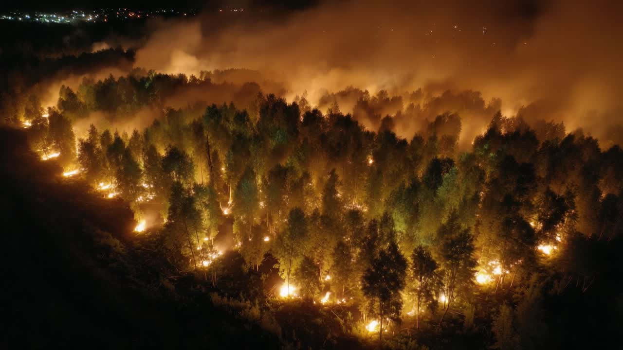 Aerial View of Devastating Forest Fire Spreading Through Dense Woodland, Illuminated by Flames Against an Ominous Smoky Sky at Night