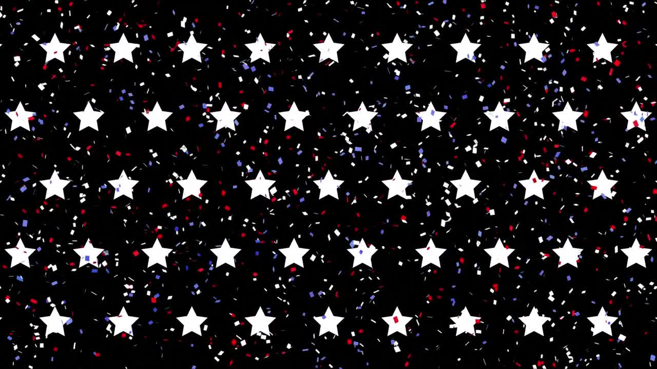 animación de estrellas blancas y confeti sobre fondo negro