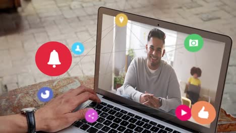 social media icons over man using laptop during video call.