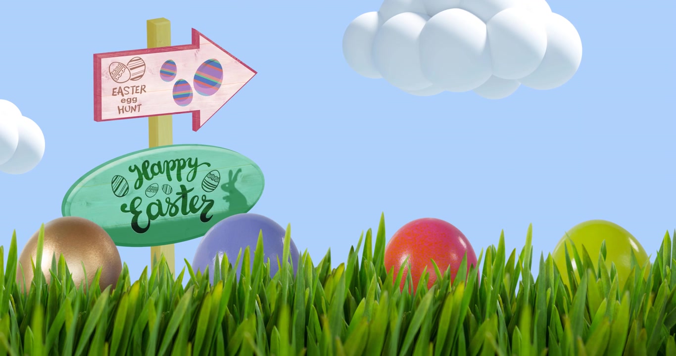 Animation of happy easter and egg hunt on signs and easter eggs in grass over blue sky