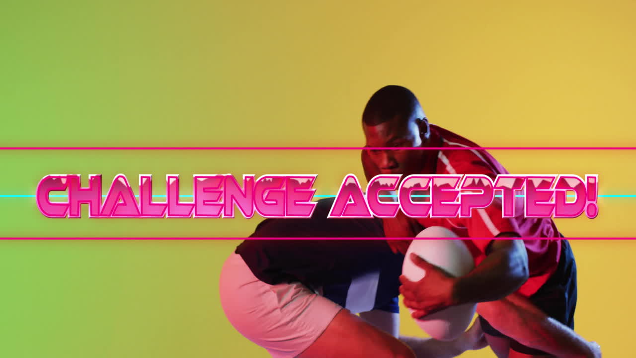 Challenge Accepted! text animation over two rugby players in action
