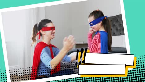 madre arreglando el disfraz de superhéroe de sus hijas