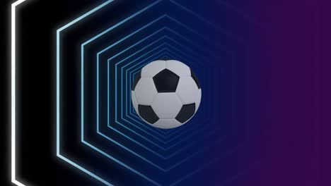 Animation-of-soccer-ball-in-tunnel-made-of-blue-and-violet-hexagons