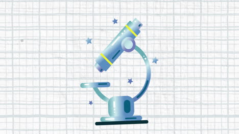animación del icono del microscopio contra el espacio de copia en un fondo de papel con líneas blancas