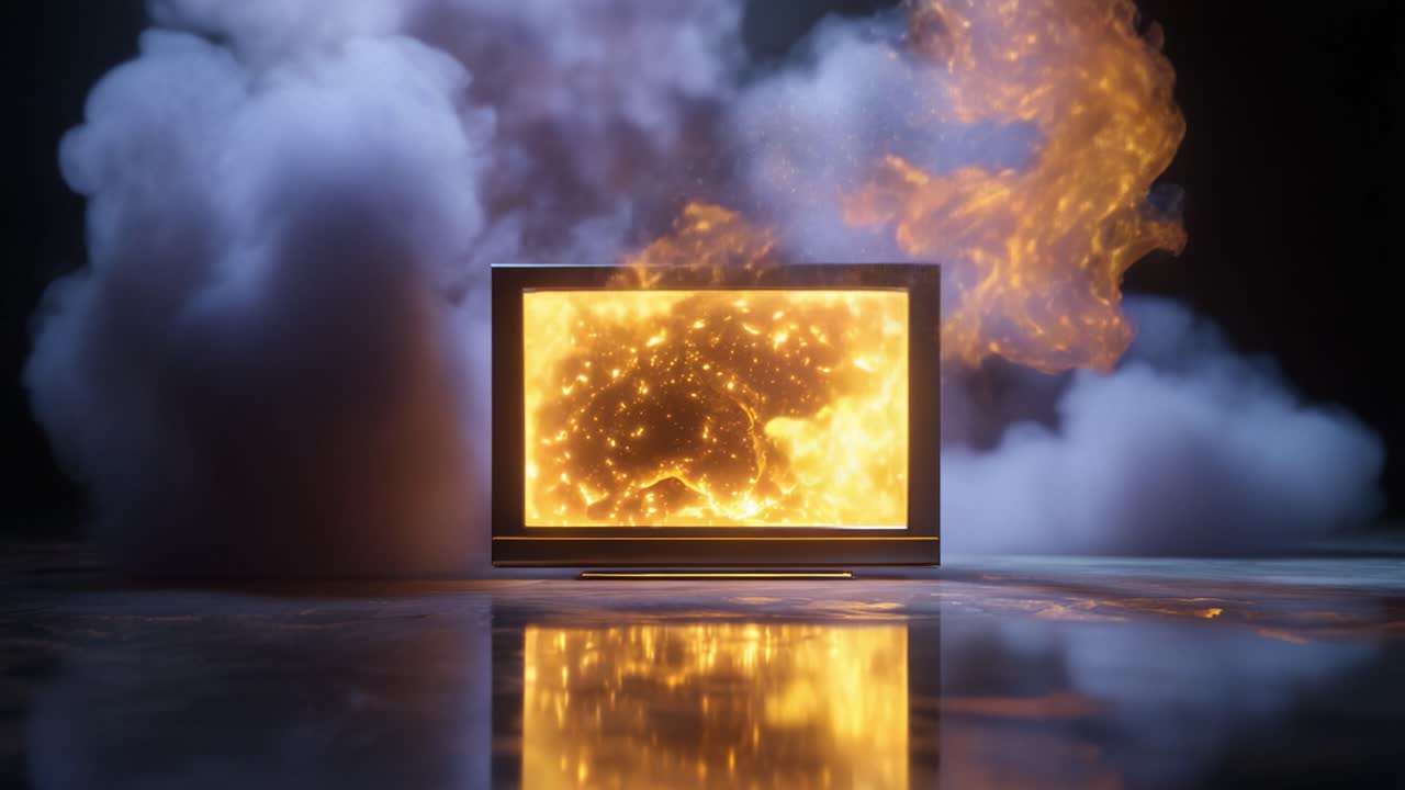 Dramatisk ild og røg, der udgår fra en mystisk skærm fanget i to dynamiske rammer, der viser en spektakulær visuel fremvisning af energi og kaos
