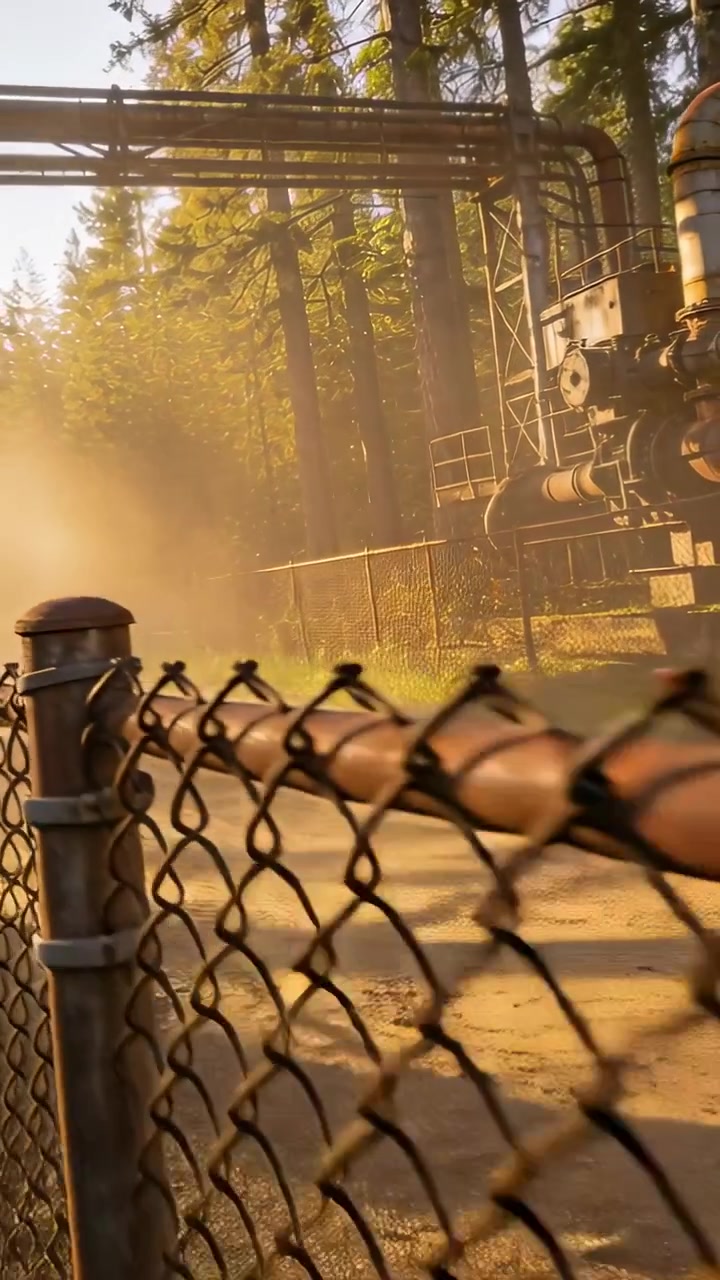 Vertical video: Rushing tanker passing road, kicking dust onto chain-link fence and pipes in yard