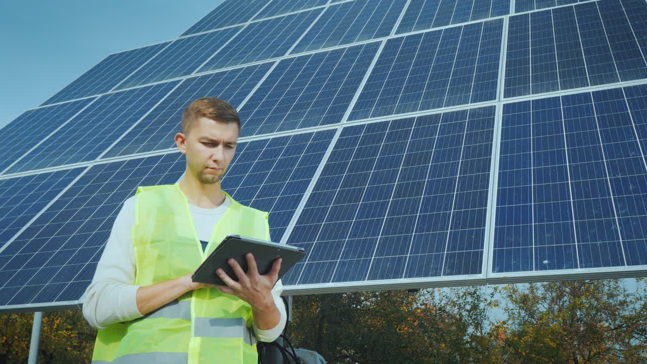 작업복을 입은 젊은 엔지니어가 대형 태양광 패널 근처에서 태블릿으로 작업합니다.