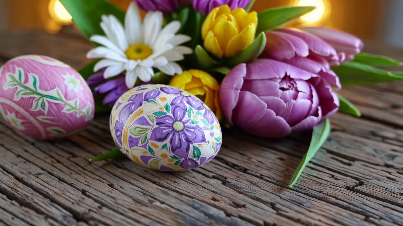 Close-up video angle of vibrant, hand-painted Easter eggs and spring flowers on rustic wood