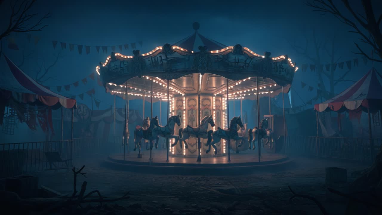 An Enigmatic Carousel at Twilight: A Hauntingly Beautiful Scene Captured in Two Frames, Showcasing the Eerie Glow of a Deserted Fairground Attraction