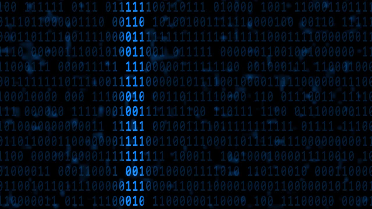 Abstract motion over varying blue binary code background in 4K - brightening via light bar in horizontal movement