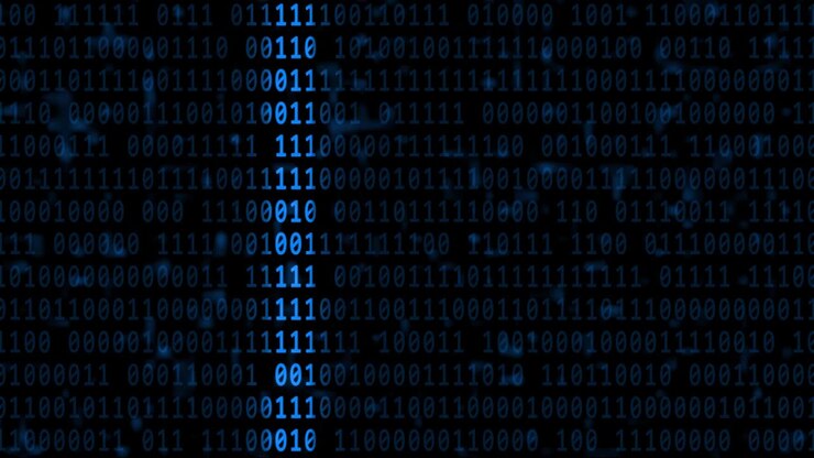 Abstract motion over varying blue binary code background in 4K - brightening via light bar in horizontal movement