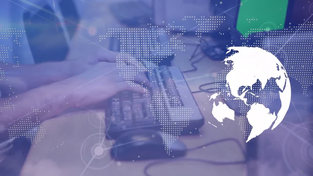 세계 지도 와 지구촌 을 컴퓨터 를 이용 하여 손 에 올려 놓은 애니메이션