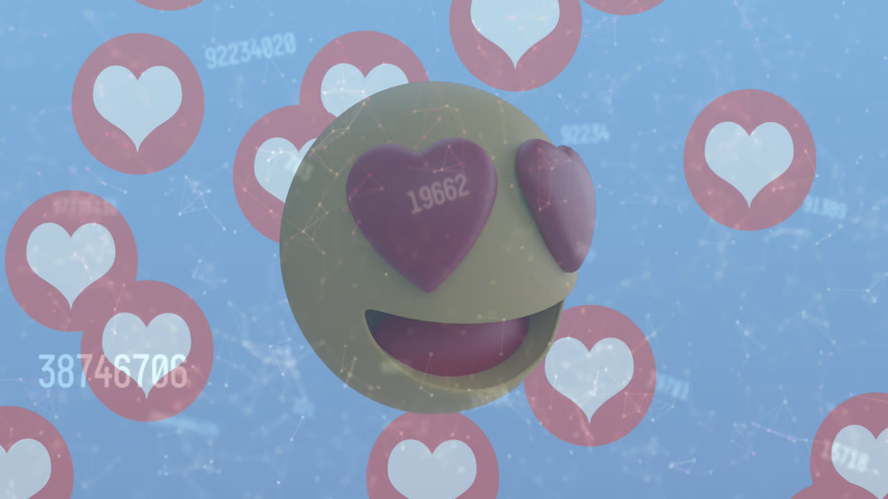 다중 심장 아이콘의 애니메이션과 심장, 눈, 얼굴 이모지에 대한 연결 네트워크