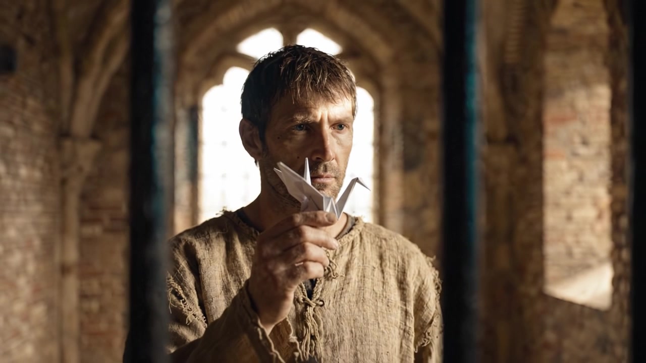 A man holds a delicate paper crane in his hand, symbolizing hope and freedom as he gazes out from behind sturdy prison bars in a contemplative moment.