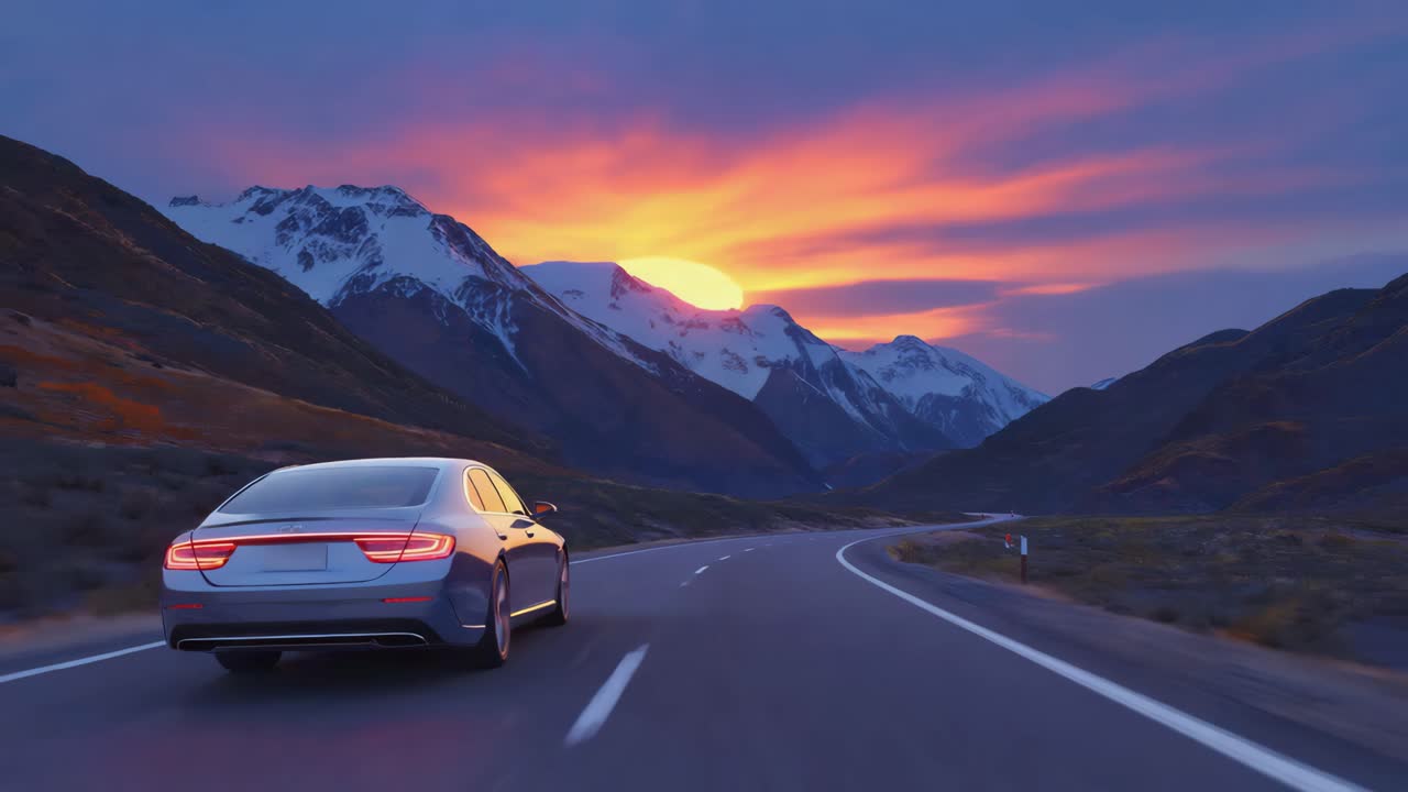 Car Driving Through a Mountainous Landscape at Sunset