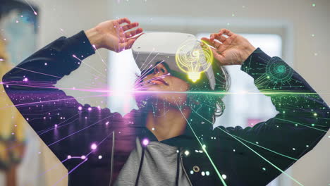 person experiencing virtual reality with digital light effects