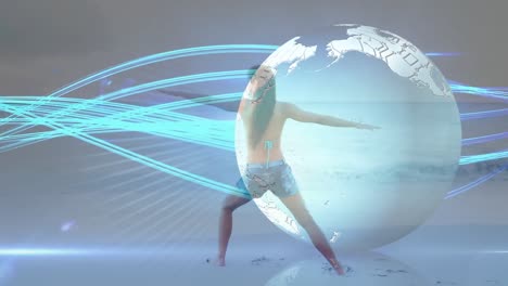 animation of glowing global motherboard network over woman exercising on beach