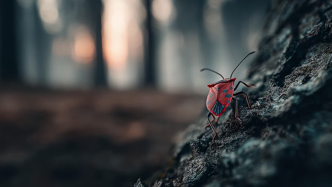 A Striking Close-Up of a Red Bug Climbing on a Tree Bark Amidst a Smoky Forest Background, Capturing the Essence of Nature's Intricate Details