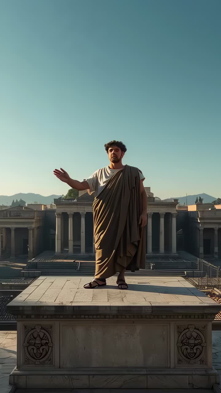 Vertical video: Starting act, man raising right arm, speaking on plinth before columns, in toga