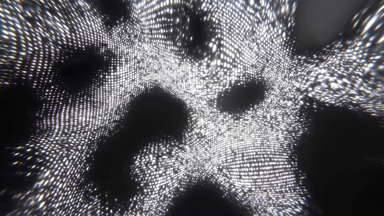Monochrome Particle Mesh Forming Dark Voids, Granular Points Pulse And Flow Across Highcontrast Plane, Evoking