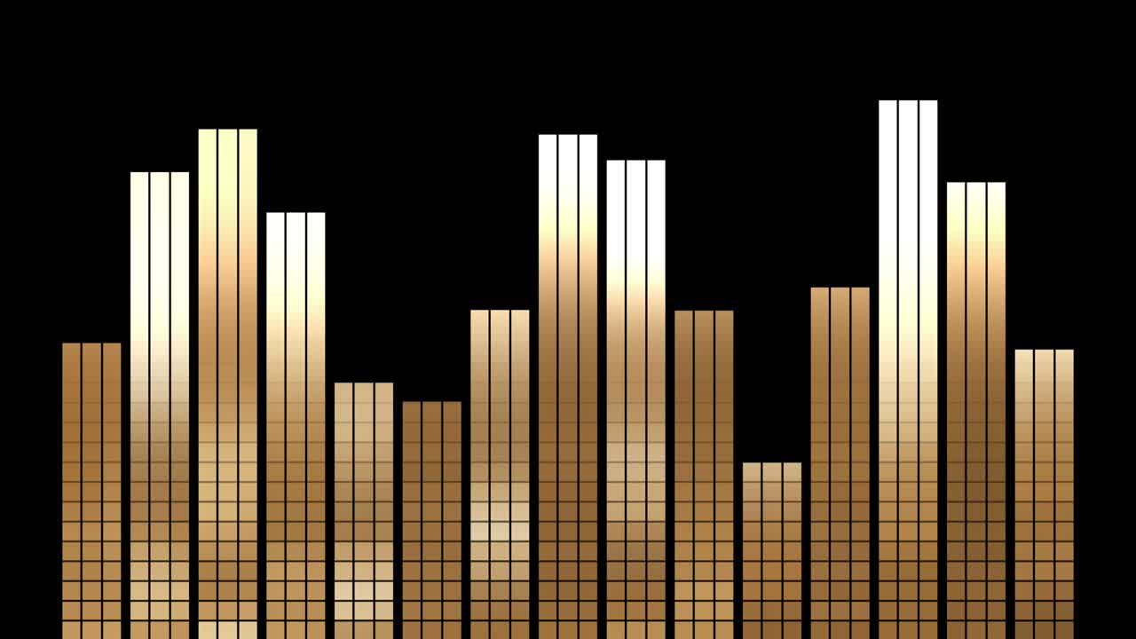 Gold digital equalizer. The animation of the pixel bars is in sync with the bulk of the rhythmic musical themes. For shows and concerts, DJ sets, clips, advertisements, dance music.