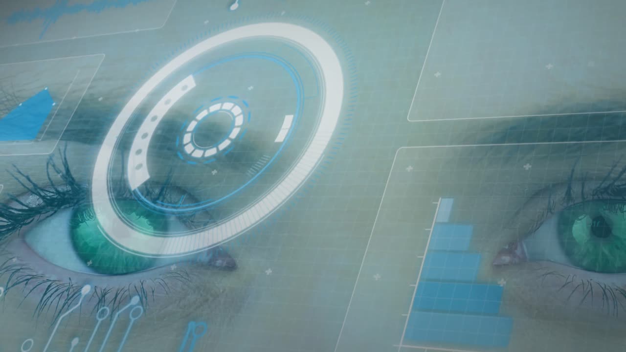 Animation of scope scanning and data processing on screens over woman's face