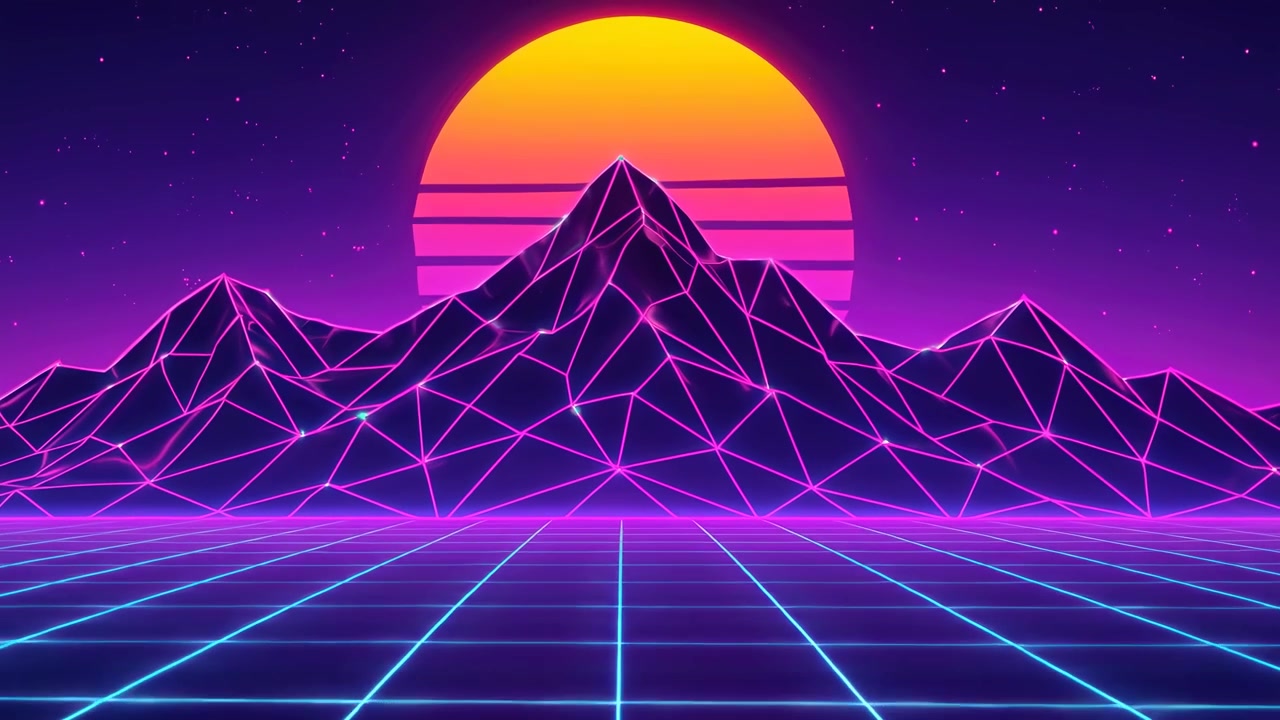 Paesaggio synthwave retrò con montagne luminose e tramonto