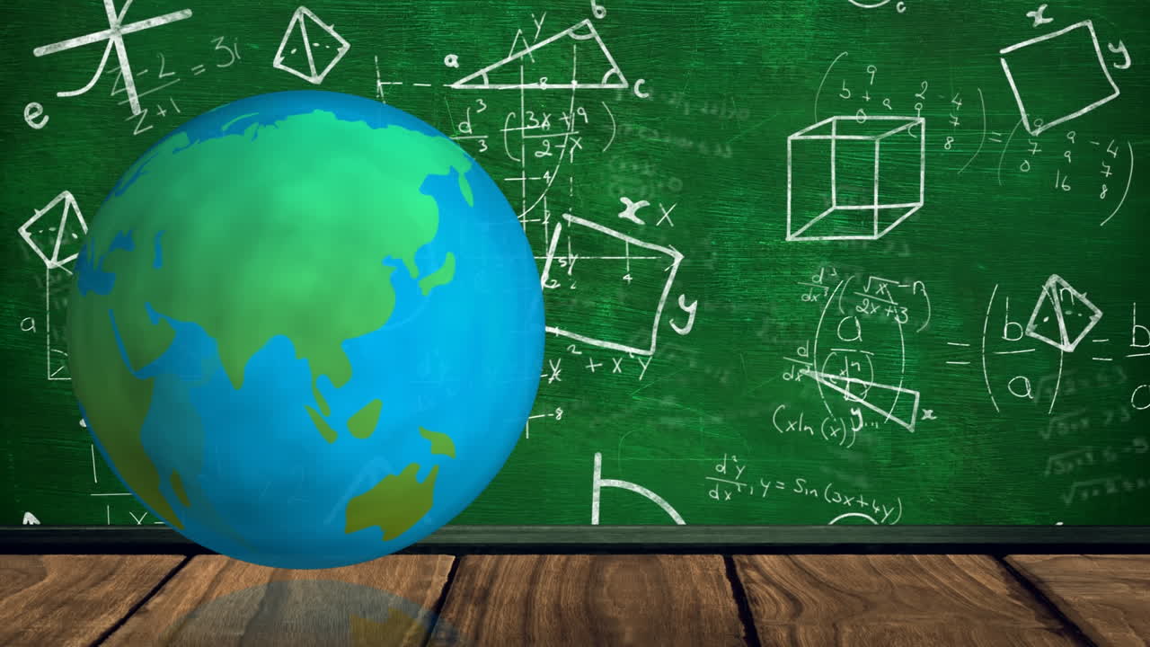 Digital animation of spinning globe over wooden surface against mathematical equations and diagrams