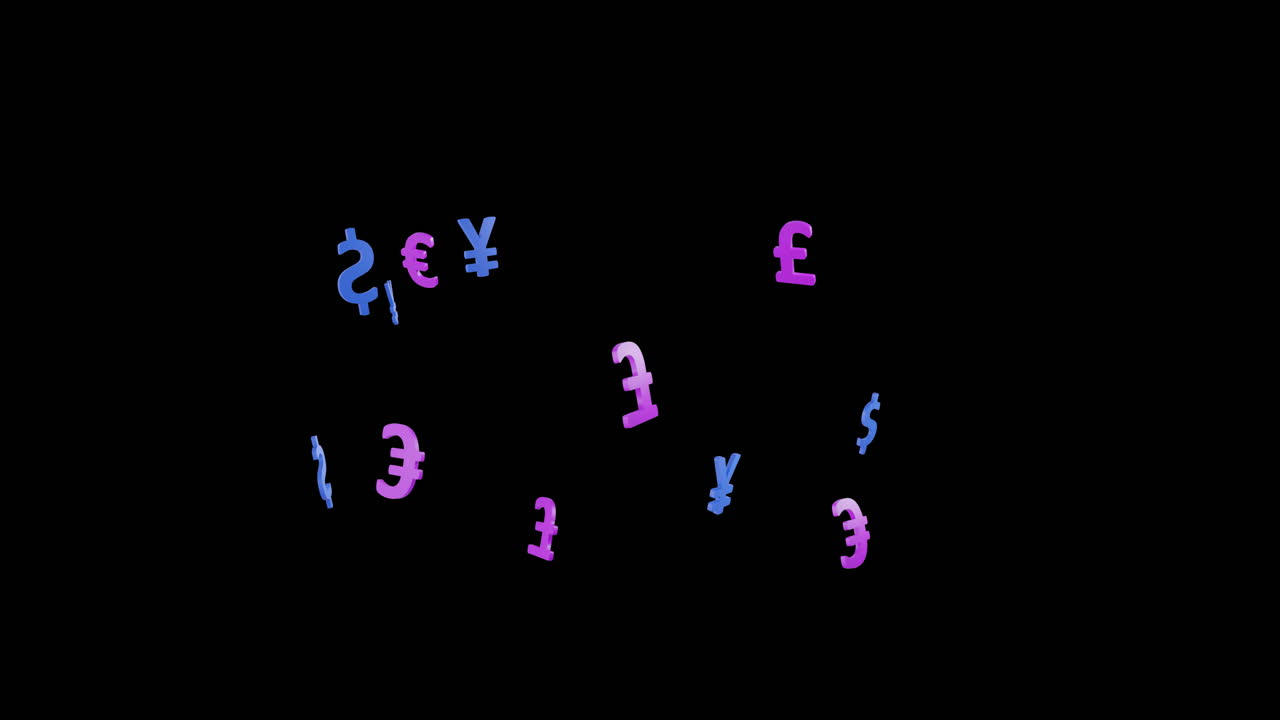 Animatie van valuta-iconen met gegevensverwerking over zwarte achtergrond